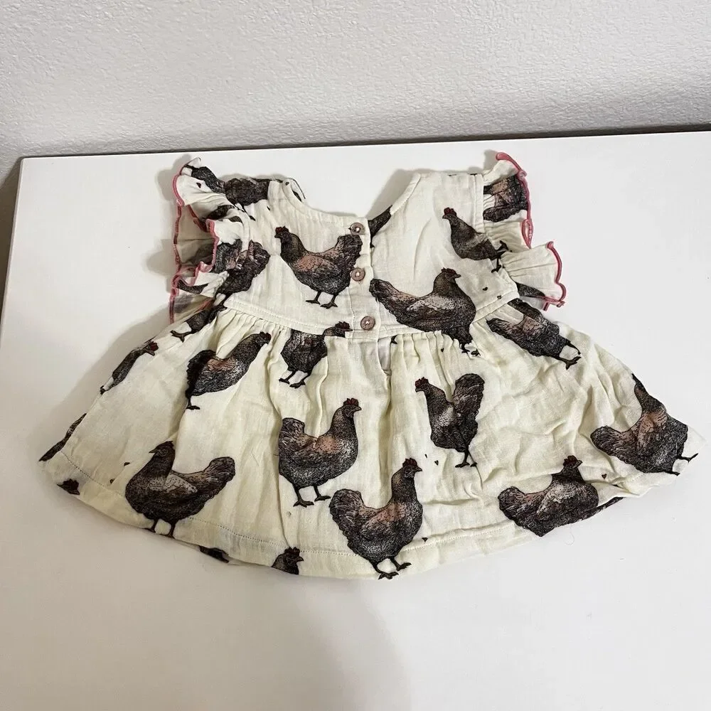Pink Chicken Dress and Bloomers Set Chickens Print Gauze Girls Size 12-18 Months